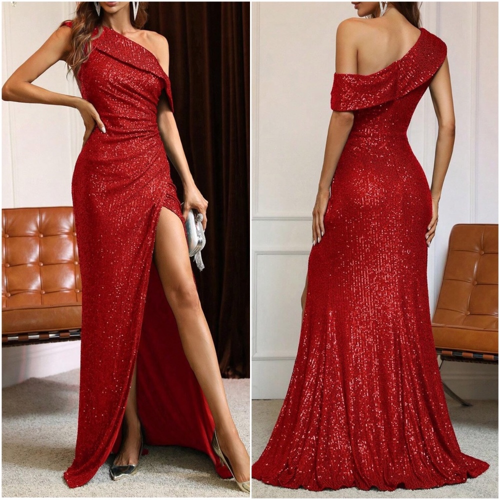 Luxe Dusty Pink One Shoulder slit thigh party formal Evening sequins dress - Picture 6 of 8